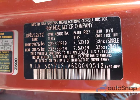 2013 Hyundai Santa Fe Sport 2.0T from USA, damaged, VIN 5XYZU3LA6DG049513